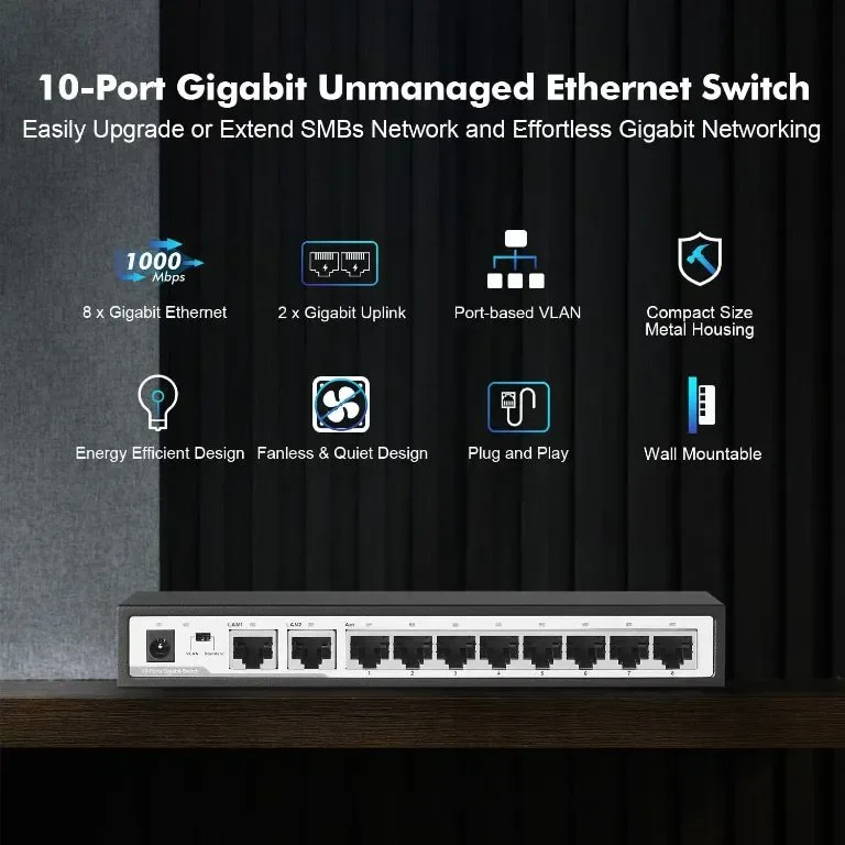 YuLinca 10-портов Gigabit Ethernet комутатор, 8 x 100/1000Mbps порта, 2 Gigabit Uplink, VLAN