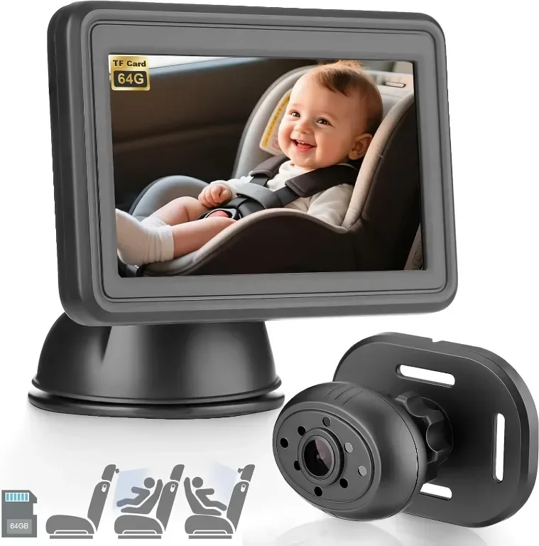 Бебешка автомобилна камера GEARCELL HD 1080P, 64GB карта памет, 4.3" дисплей
