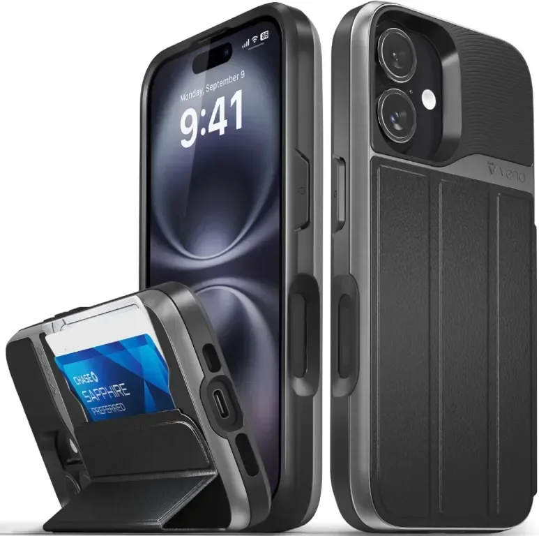 Калъф с портфейл VENA vCommute за iPhone 16 Pro, държач за карти с кожен капак и стойка - черен