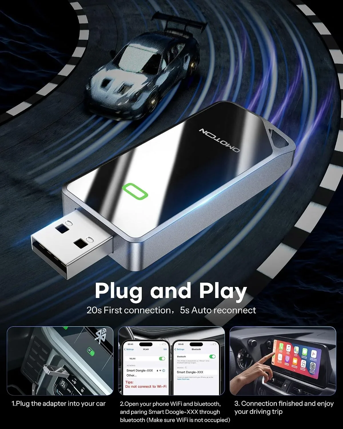 OMOTON CarPlay адаптер за iPhone – Wired към Wireless, Plug & Play — снимка 8