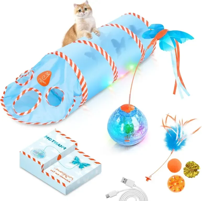 Migipaws Интерактивна играчка за котки, движеща се сянка, пеперудени пера, тунел, акумулаторна