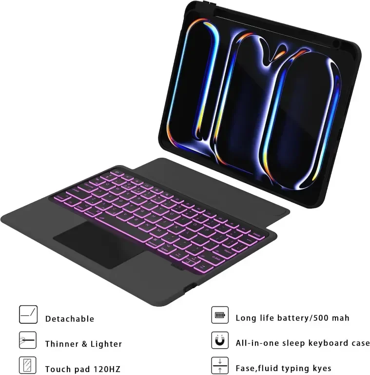 ROOFEI Калъф с клавиатура за iPad Pro 11-инчов (M4, 2024, A2836,A2837,A3006), 7 цветна подсветка — снимка 9