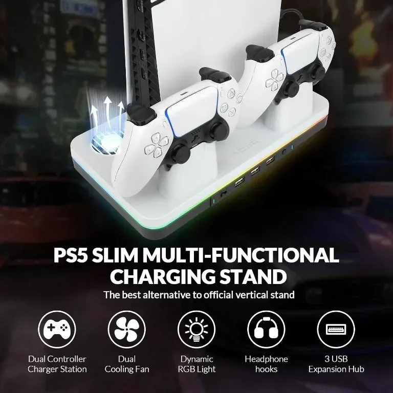 reiie многофункционална охлаждаща стойка PS5 Slim, за два контролера, RGB и вентилатор — снимка 4