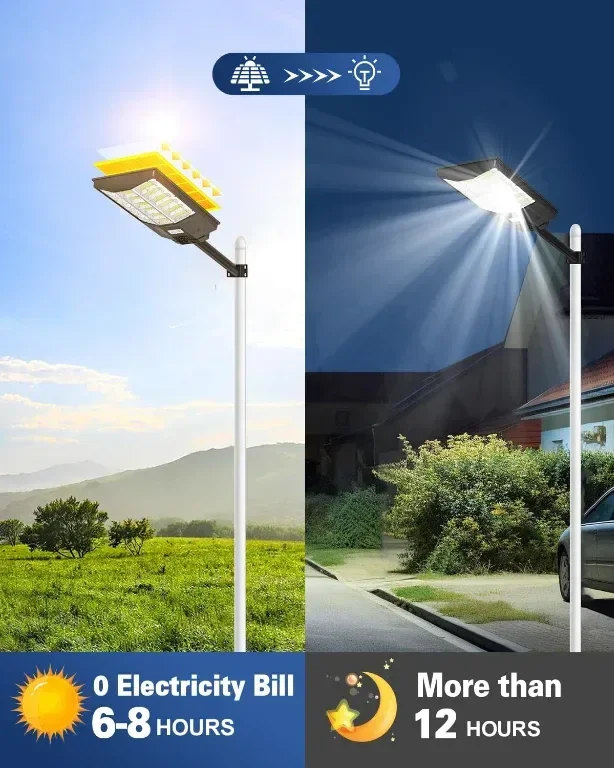 Worshow Соларна улична лампа 1000W, сензор за движение - 864LED 6500K, дистанционно, IP65 — снимка 4