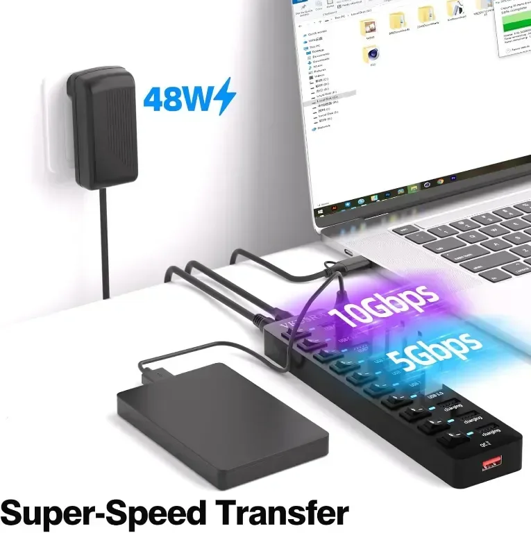 Захранван USB хъб, VKUSRA 11-портов USB 3.2/USB C хъб с 10Gbps USB-A и 2 USB C 3.2 порта — снимка 2