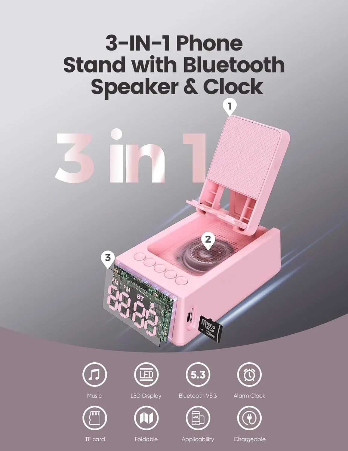 Смарт стойка за телефон с Bluetooth говорител и LED дисплей/аларма — снимка 4