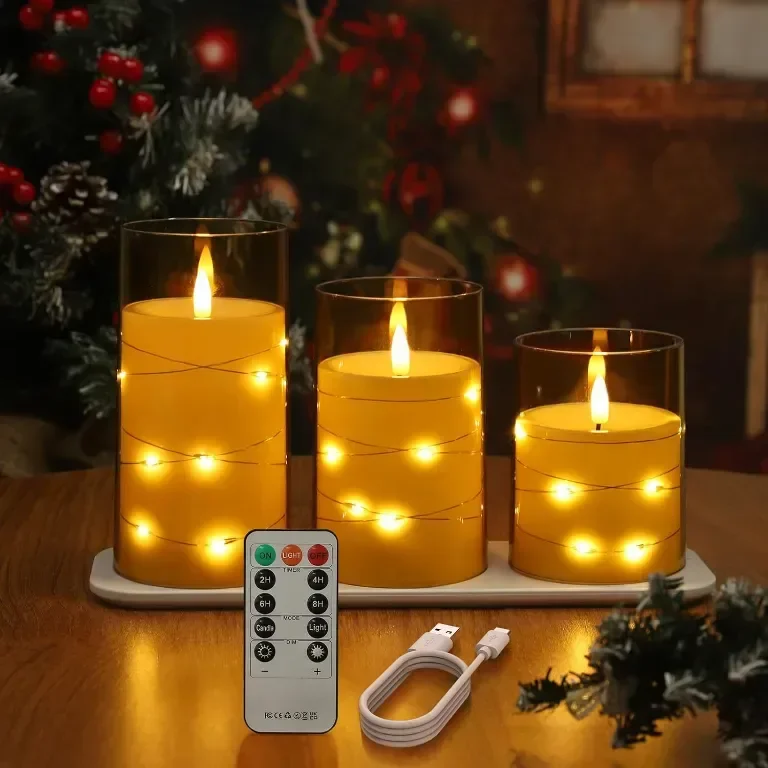 Glowtink 3 бр.LED свещи акумулаторни безпламъчни, дистанционен таймер, мигащи, декор, 4" 5" 6",жълти