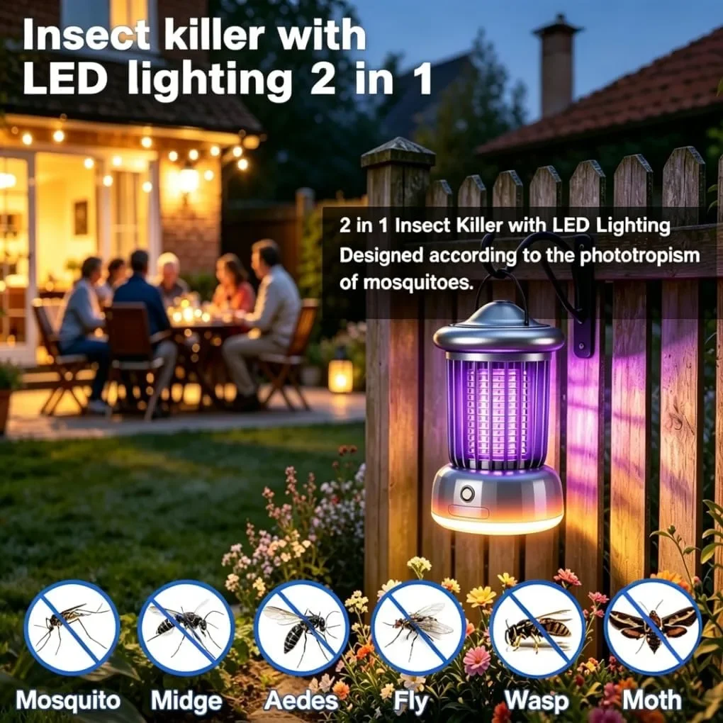 Акумулаторна UV лампа за убиване на насекоми 2 в 1 (UV срещу комари + нощна светлина) — снимка 2