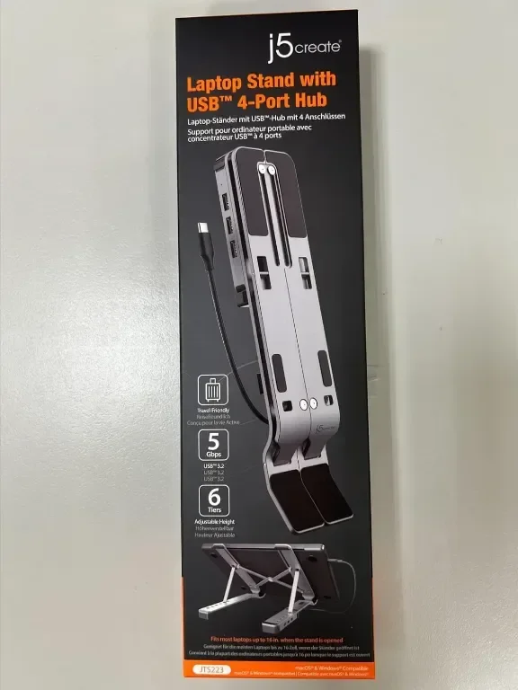 j5create Сгъваема алуминиева стойка за лаптоп с USB3.2 4-портов хъб, преносима до 16 инча (JTS223) — снимка 8