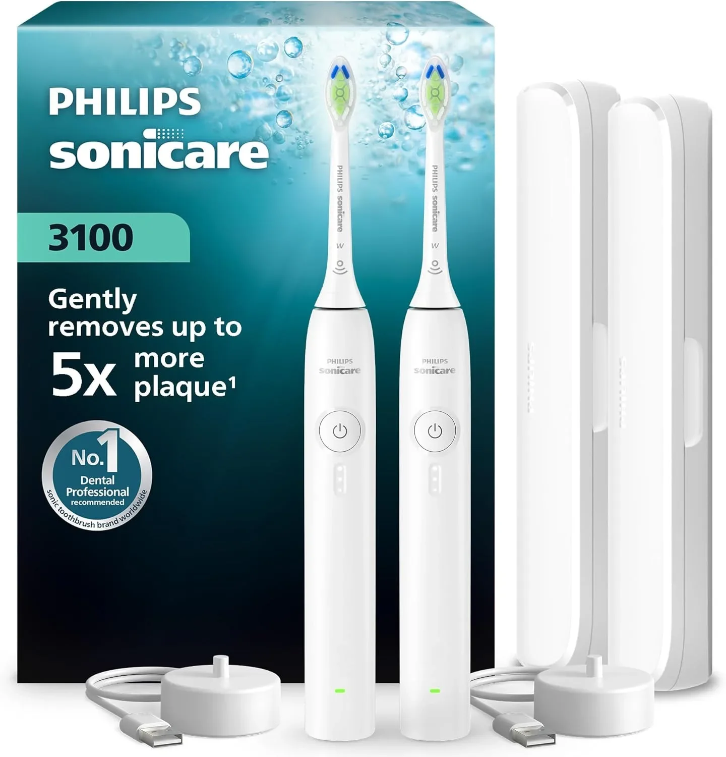 Philips Sonicare 3100 електрическа четка за зъби 2 броя HX4072/41, с 2 поставки за зареждане