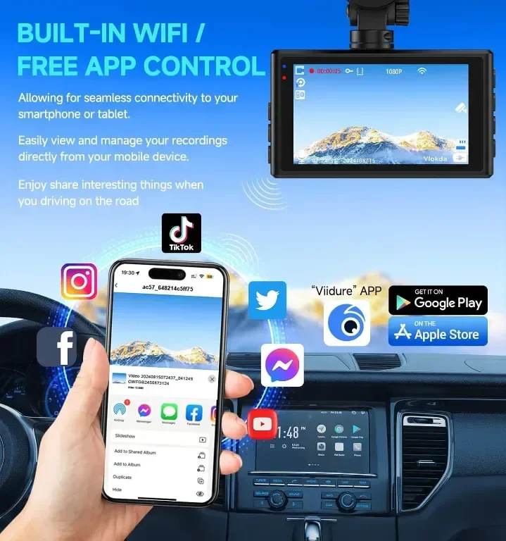 Dash Cam отпред и отзад, 1080P WiFi/APP контрол, 32GВ карта, нощно виждане, WDR, G-сензор — снимка 2