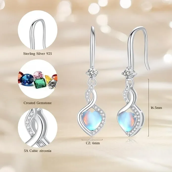 Сребърни обеци Infinity Heart с лунен камък, 925 сребро — снимка 2