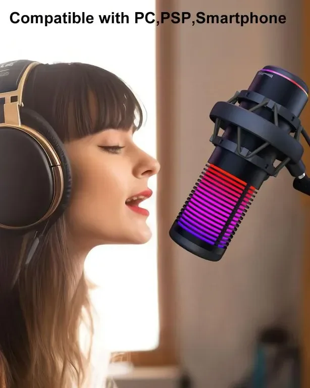 USB микрофон за игри HITOZON, USB кондензаторен микрофон с RGB, заглушаване, усилване, наблюдение — снимка 2