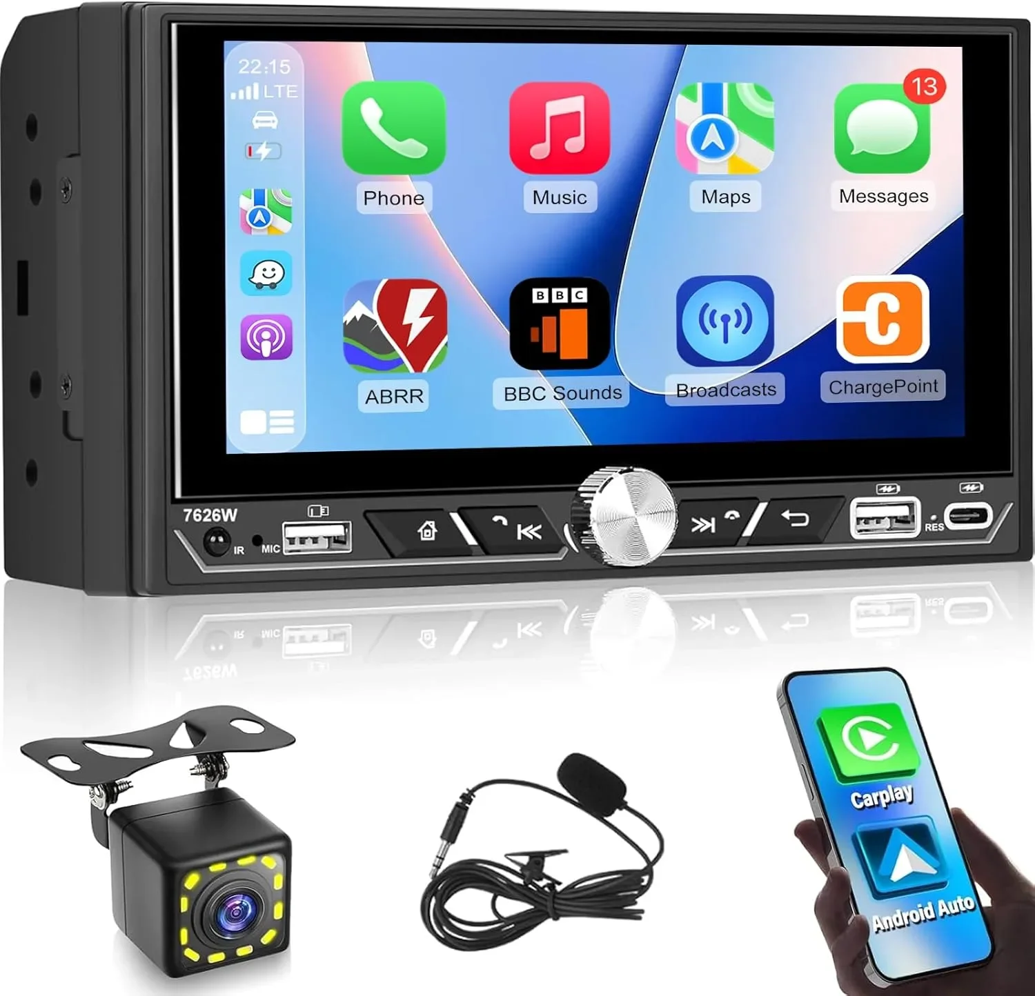 Двудиново автомобилно радио с 6.8-инчов дисплей и безжичен CarPlay/Android Auto, Bluetooth 5.2