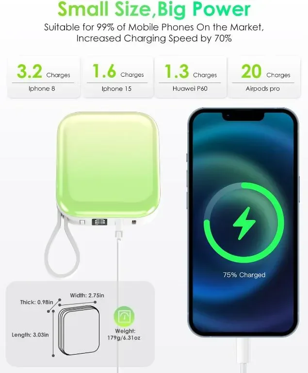 Преносимо зарядно Mini Power Bank, 22,5 W 10000 mAh, с вградени iOS и USB-C кабел — снимка 4
