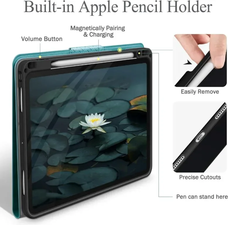 AUAUA Калъф за iPad Pro 13 инча (M4) 2024, от PU кожа с държач за молив Pencil Pro и Pencil, зелен — снимка 6