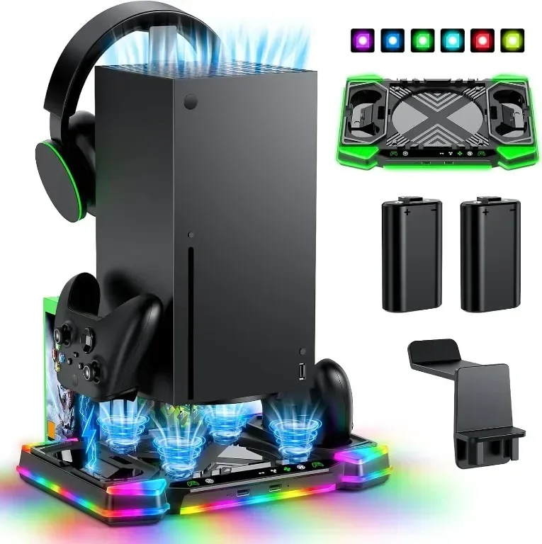 Стойка за зареждане и охлаждащи вентилатори за Xbox Series X, 11 RGB светлинни режима