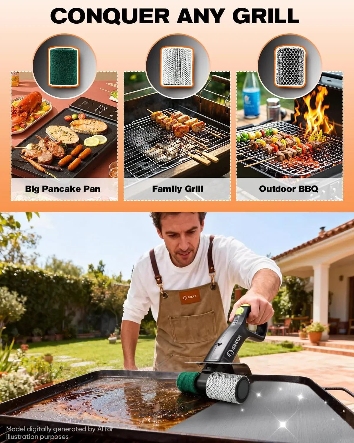 SAKER Electric Grill Brush HK05E-B – безжична почистваща четка за скара с LED фенер и 3 глави — снимка 7