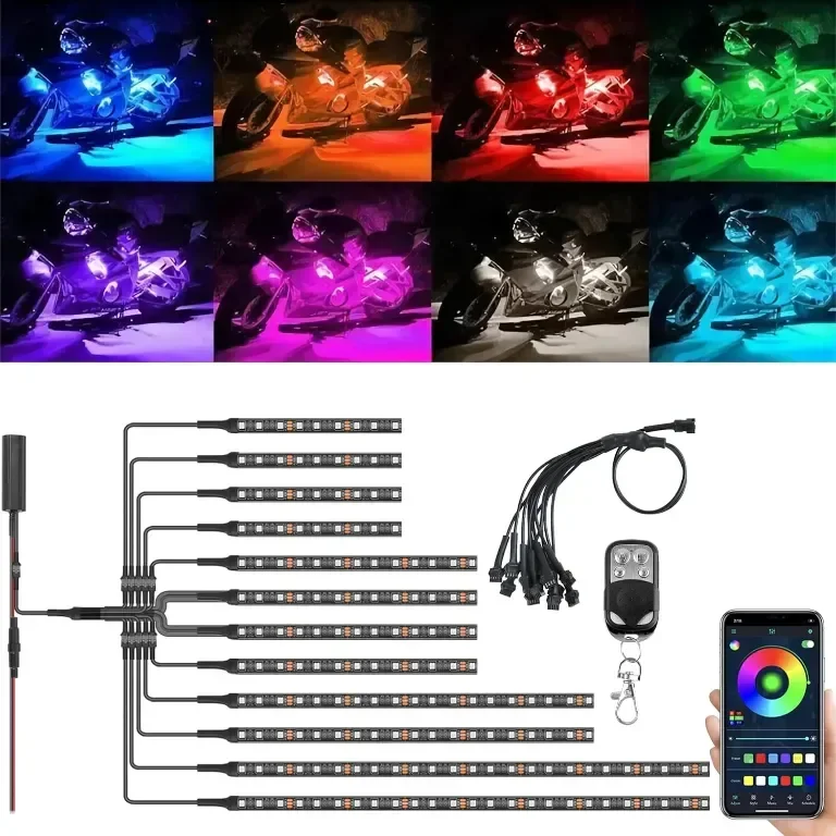 12 части комплект лентови светлини за мотоциклети Водоустойчиви RGB неонови акцентни светлини DC 12V