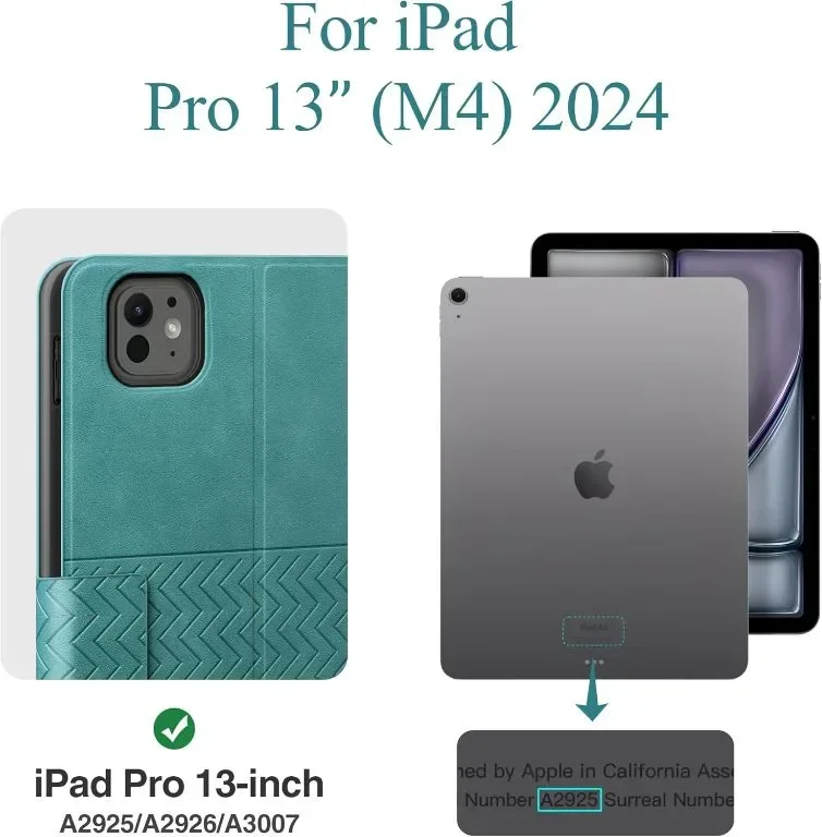 AUAUA Калъф за iPad Pro 13 инча (M4) 2024, от PU кожа с държач за молив Pencil Pro и Pencil, зелен — снимка 4