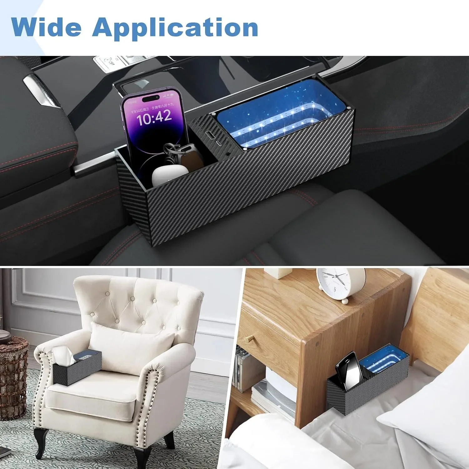 Комплект 2 органайзера за между седалките с LED осветление и USB-C — снимка 4