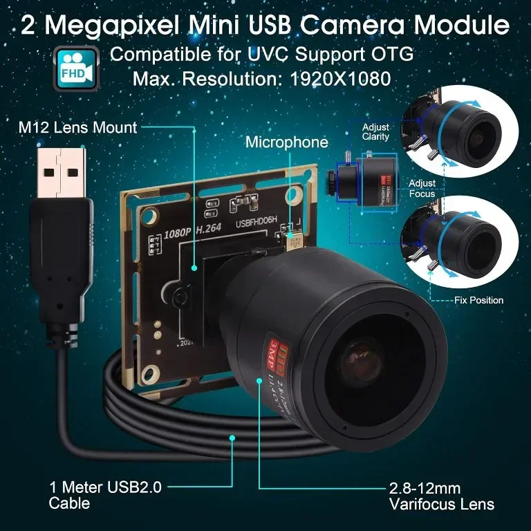 ELP1080P стрийминг уеб камера с микрофон, широкоъгълен 2.8-12 варифокален обектив, IMX323 сензор — снимка 5