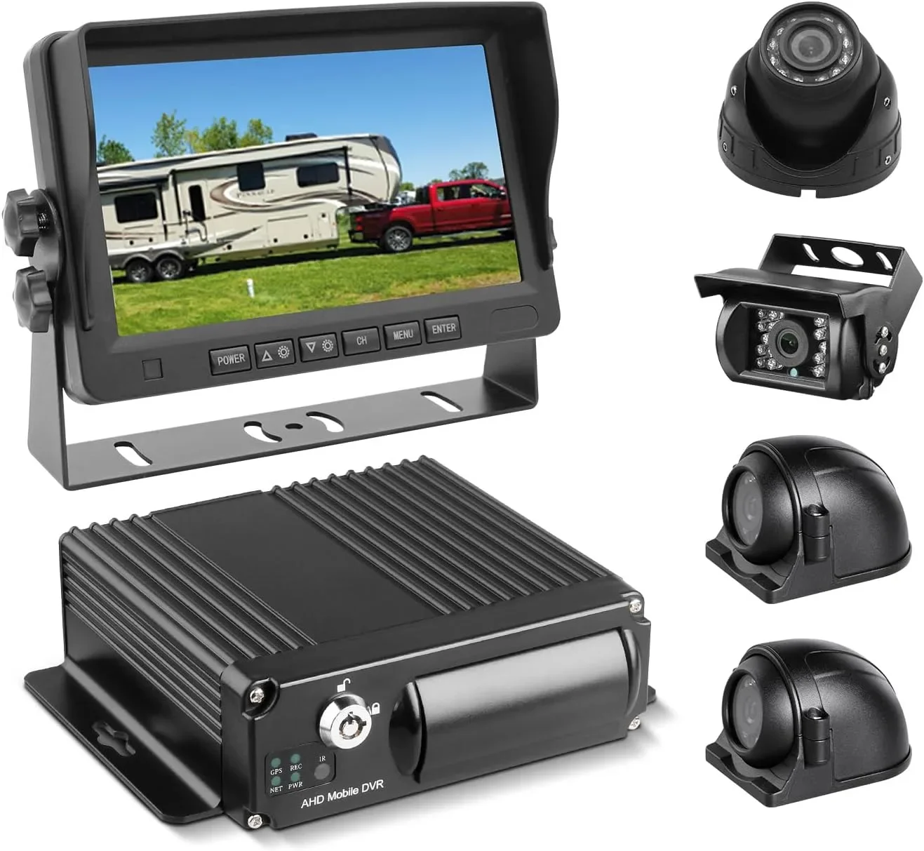 4-канален мобилен DVR за автомобил с 7-инчов VGA монитор и камери за видеонаблюдение (1080P, H.265)