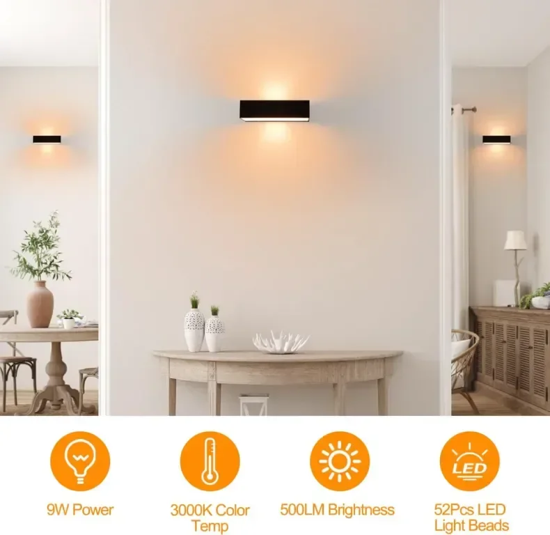 FUDESY LED стенна лампа, 9W 3000K аплик - нагоре и надолу, IP65, модерна черна — снимка 5