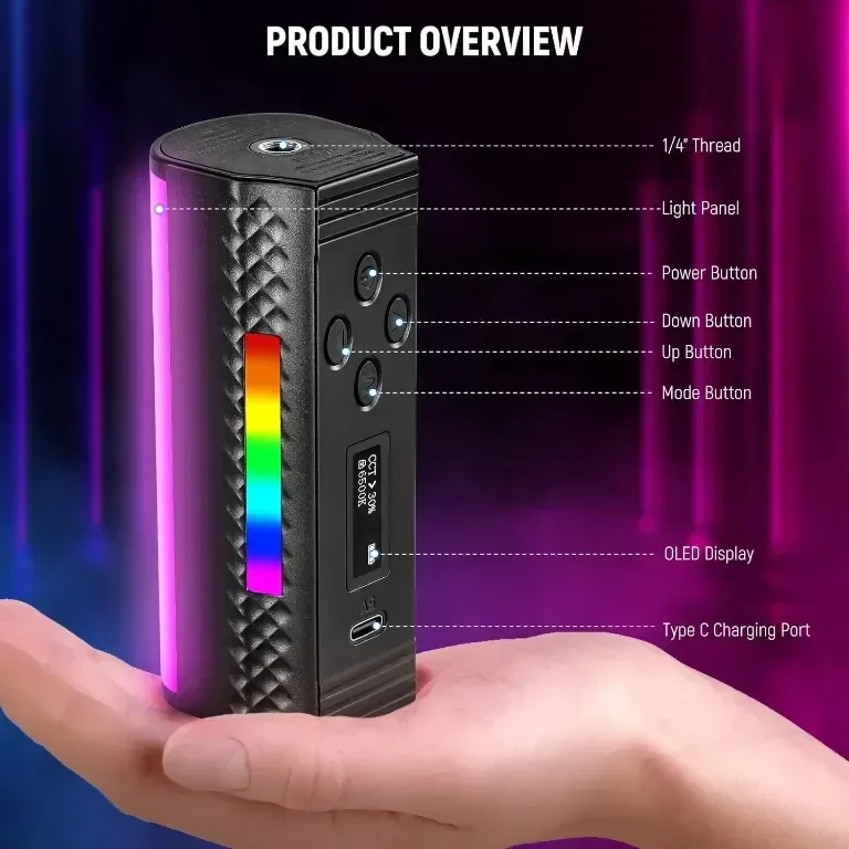 Магнитна ръчна светлинна пръчка NEEWER с управление от APP, 360° пълен RGB — снимка 9
