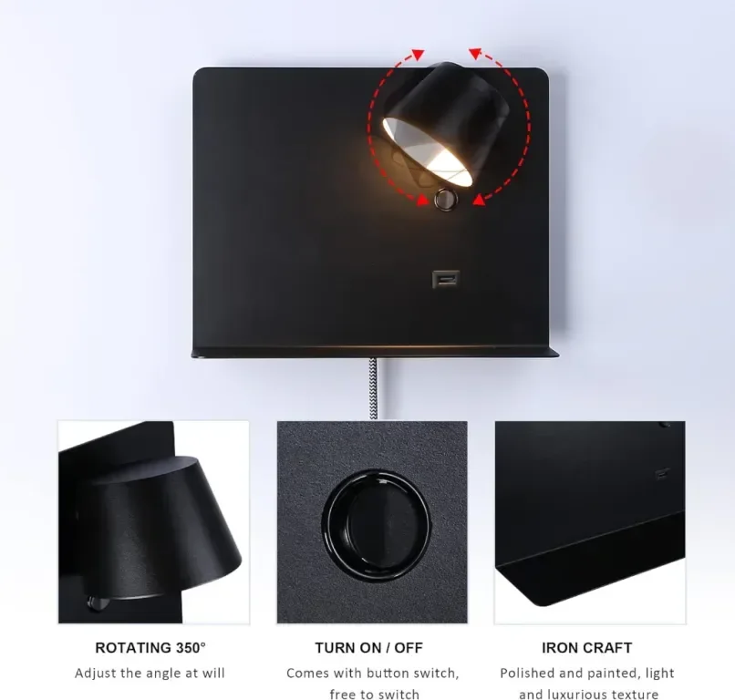 SUNLLOK Модерна LED стенна лампа с USB порт и рафт, черна — снимка 5