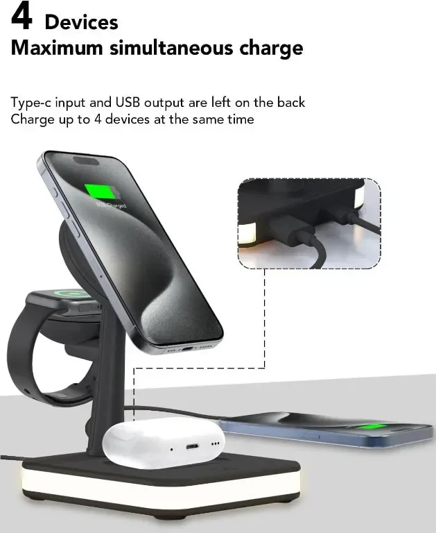 GLILAVOX 4 в 1 безжична зарядна станция със светлина и 1 порт usb за Apple (черен) — снимка 2