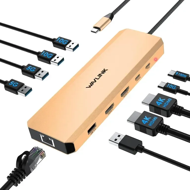 Докинг станция за лаптоп, WAVLINK 10G USB C хъб с двоен HDMI, 100W PD вход, 10Gbps USB-A/C 3.2