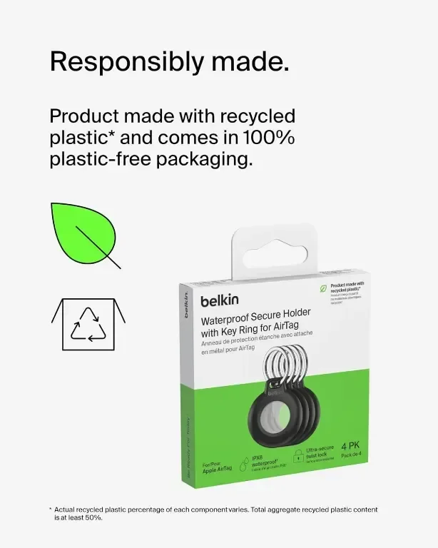 Belkin Водоустойчив Apple AirTag Secure Holder с ключодържател, черен, 4 броя — снимка 5