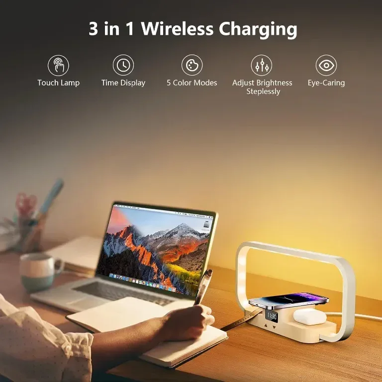 CRLL 3 в 1 нощна лампа с безжично зарядно и USB порт, дървена настолна лампа — снимка 3