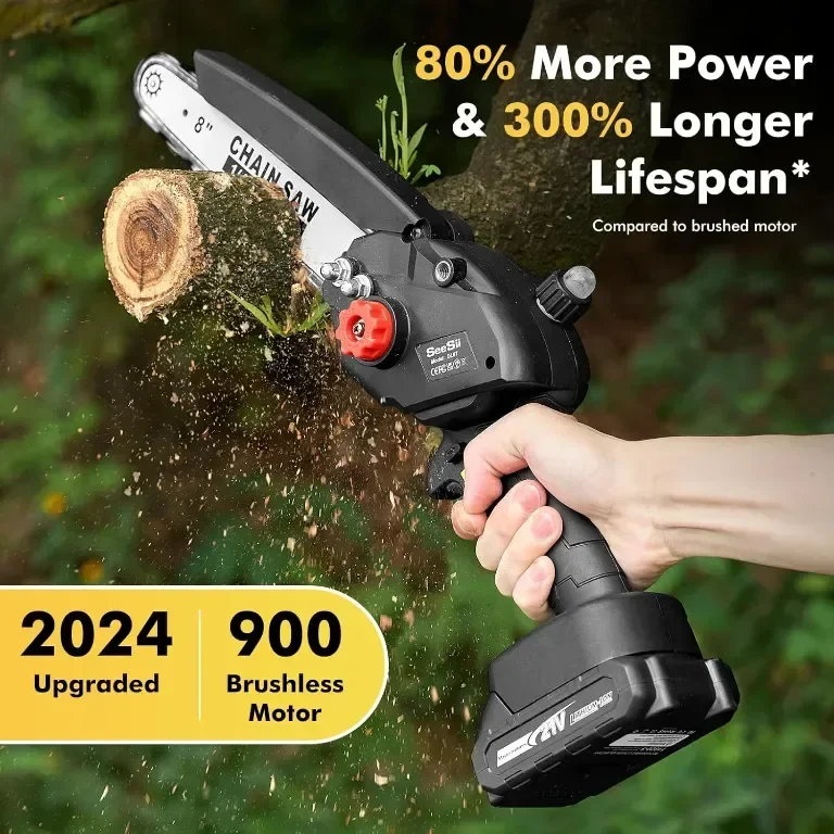 Мини верижен трион Seesii 8 инча, с автоматично масло, 2 бр. 2000mAh батерии — снимка 3