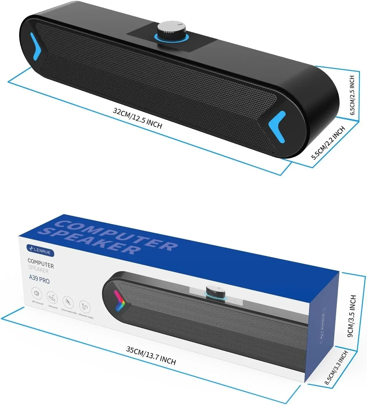 LENRUE A39PRO-1 10W стерео саундбар за компютър и телефон с RGB светлини — снимка 6