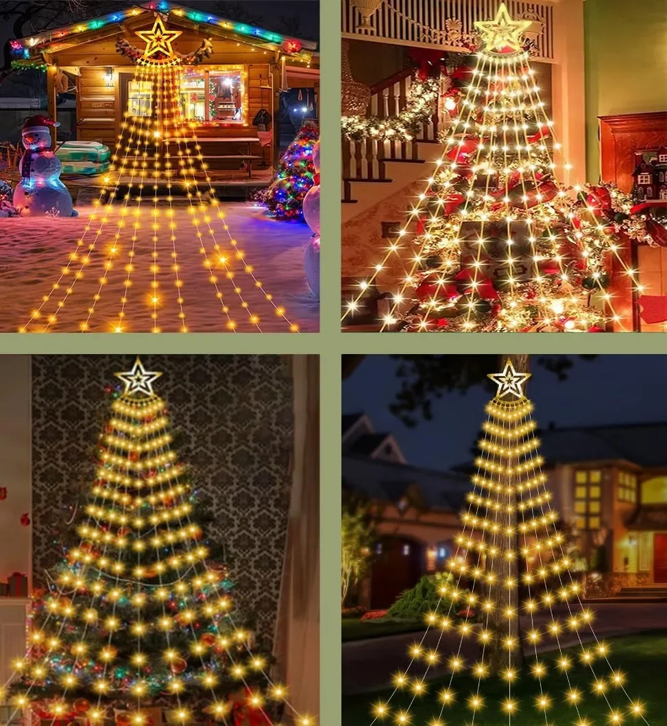LED водопадни светлини за Коледа – падащи гирлянди за елха, 5 м, 350 LED, 8 режима, топло бяло — снимка 4