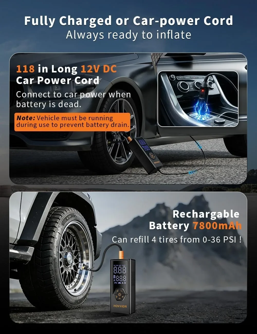 Преносим въздушен компресор за гуми HOVVIDA, 7800 mAh, 12V DC, до 150 PSI, 40 л/мин — снимка 7