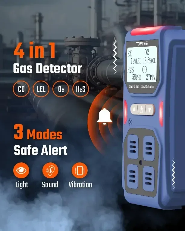 Газов детектор 4 в 1 TopTes Guard-156, за H2S, CO, LEL и O2, режими на тройна аларма — снимка 2