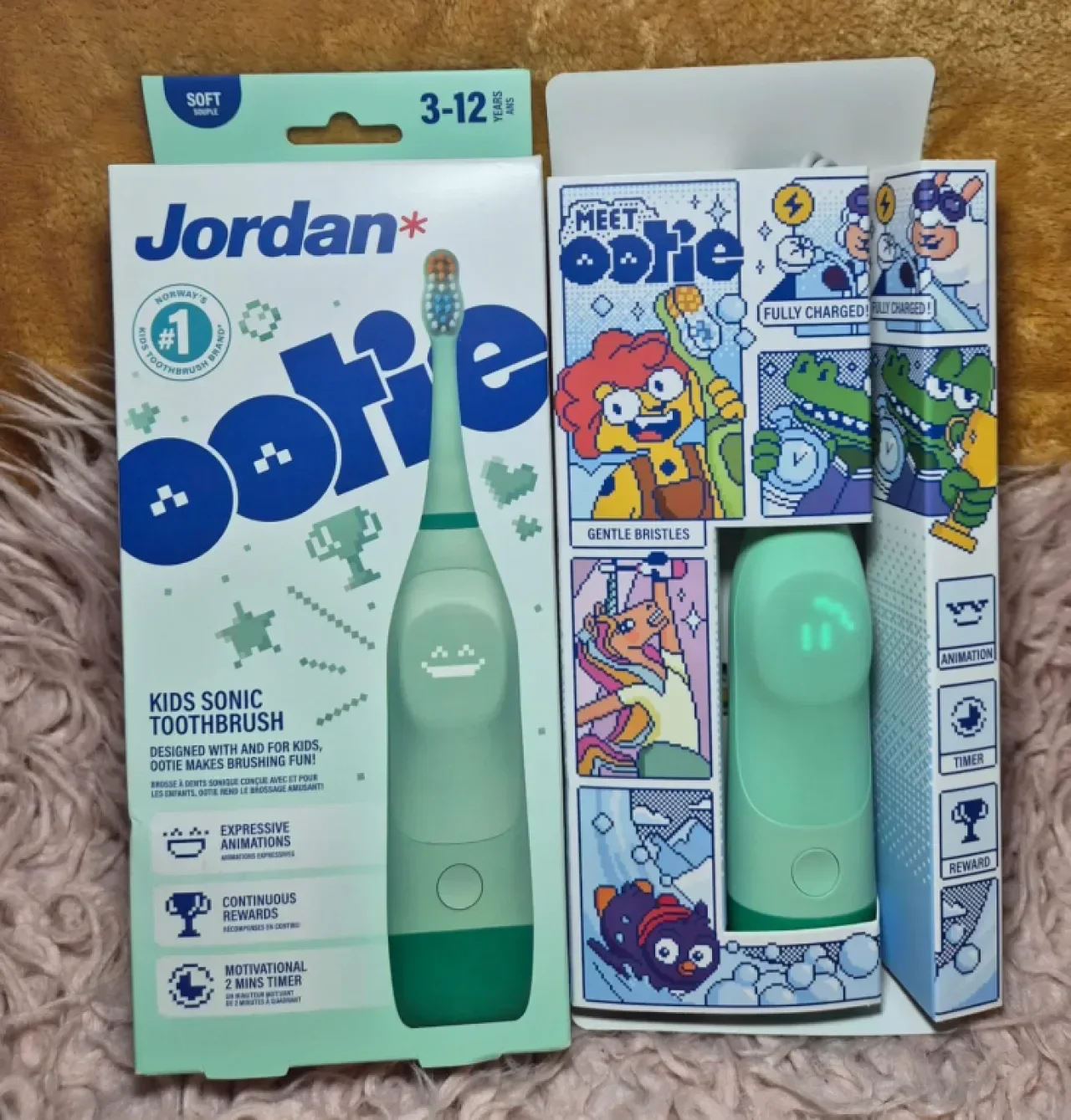 Детска четка за зъби Jordan OOTIE Sonic 3-12 години, 2 глави, сензор за натиск, зелена/розова