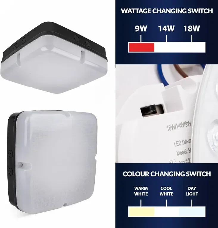 Bright Source стенен и таванен квадратен LED панел, черен, превключваща мощност 9W 14W 18W, IP65 — снимка 4