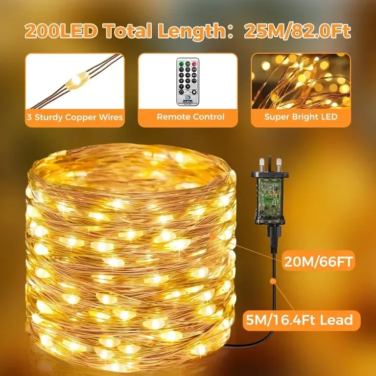 btfarm 20M 200LED феерични лампички с дистанционно, таймер, 8 режима — снимка 5