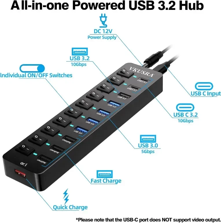 Захранван USB хъб, VKUSRA 11-портов USB 3.2/USB C хъб с 10Gbps USB-A и 2 USB C 3.2 порта — снимка 3