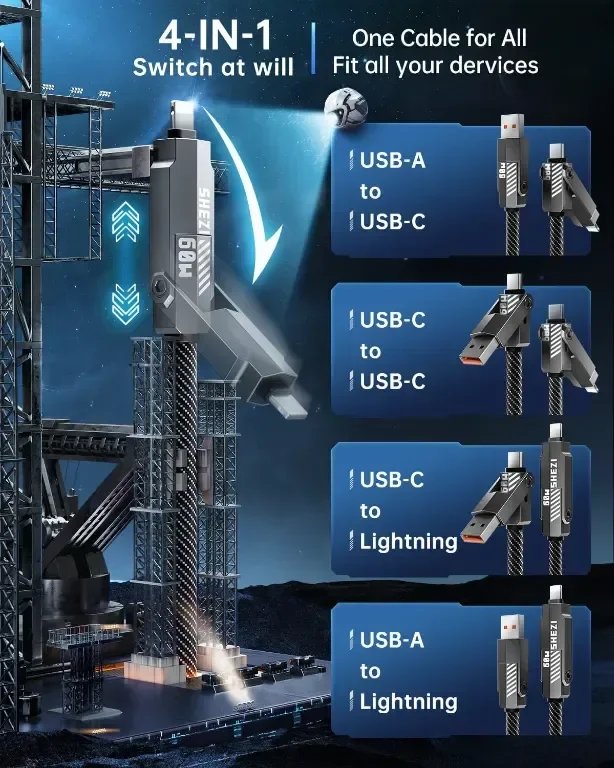 SHEZI 4 в 1 кабел за зареждане/данни с Lightning/Type C/USB A порт, 3 метра — снимка 2