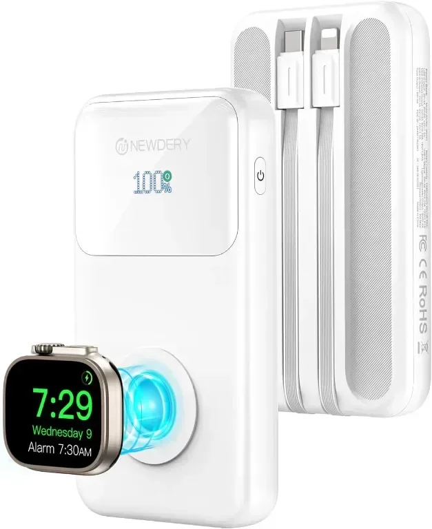 Външна батерия NEWDERY за Apple Watch, Вградени кабели, PD 20W (бяла, 10000 mAh)