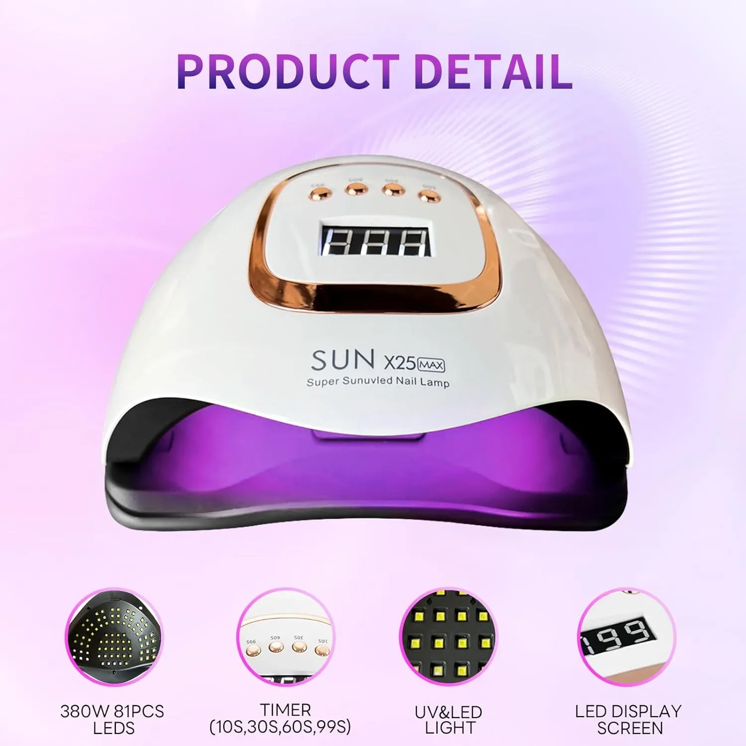 SUN X25 Max 380W UV/LED лампа за нокти с 81 LED, 4 таймера и инфрачервен сензор — снимка 4