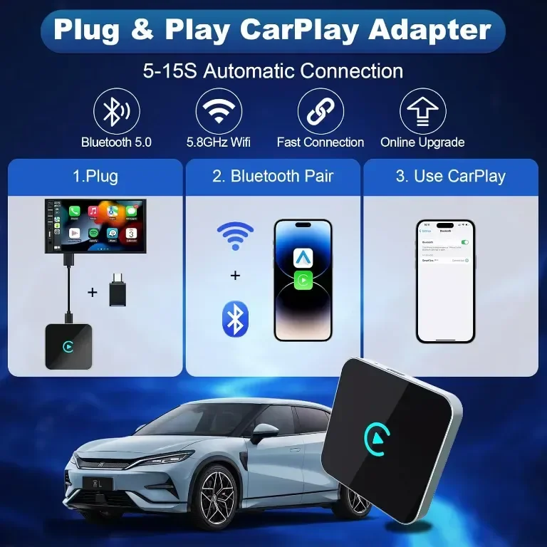 Безжичен адаптер Carplay/Android Auto, 5,8 GHz WiFi, а IOS 10/Android 11 — снимка 4
