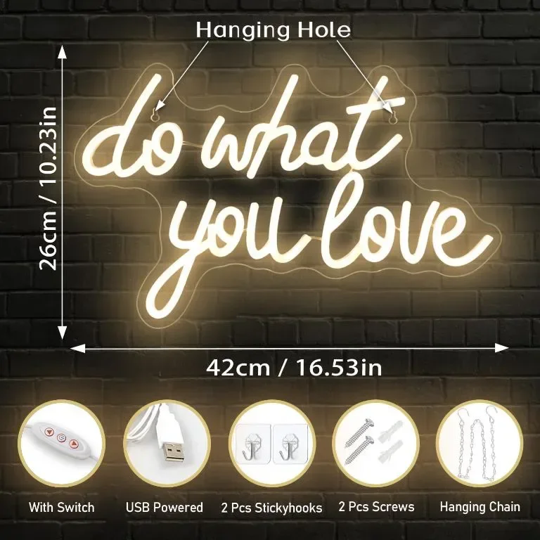 Неонов светлинен надпис Do What You Love за декорация, USB захранване, димируем, топло бяло — снимка 4