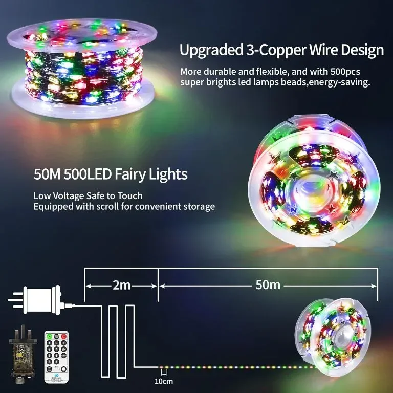 50M Приказни светлини 500 LED, 8 режима, дистанционно, таймер, IP65 — снимка 6
