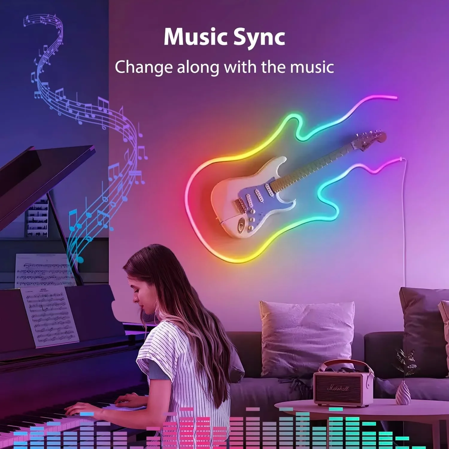 FWoche Magic Neon Lights RGB+IC LED неонова въжена светлина 5м с Bluetooth приложение и IR дистанционно — снимка 2